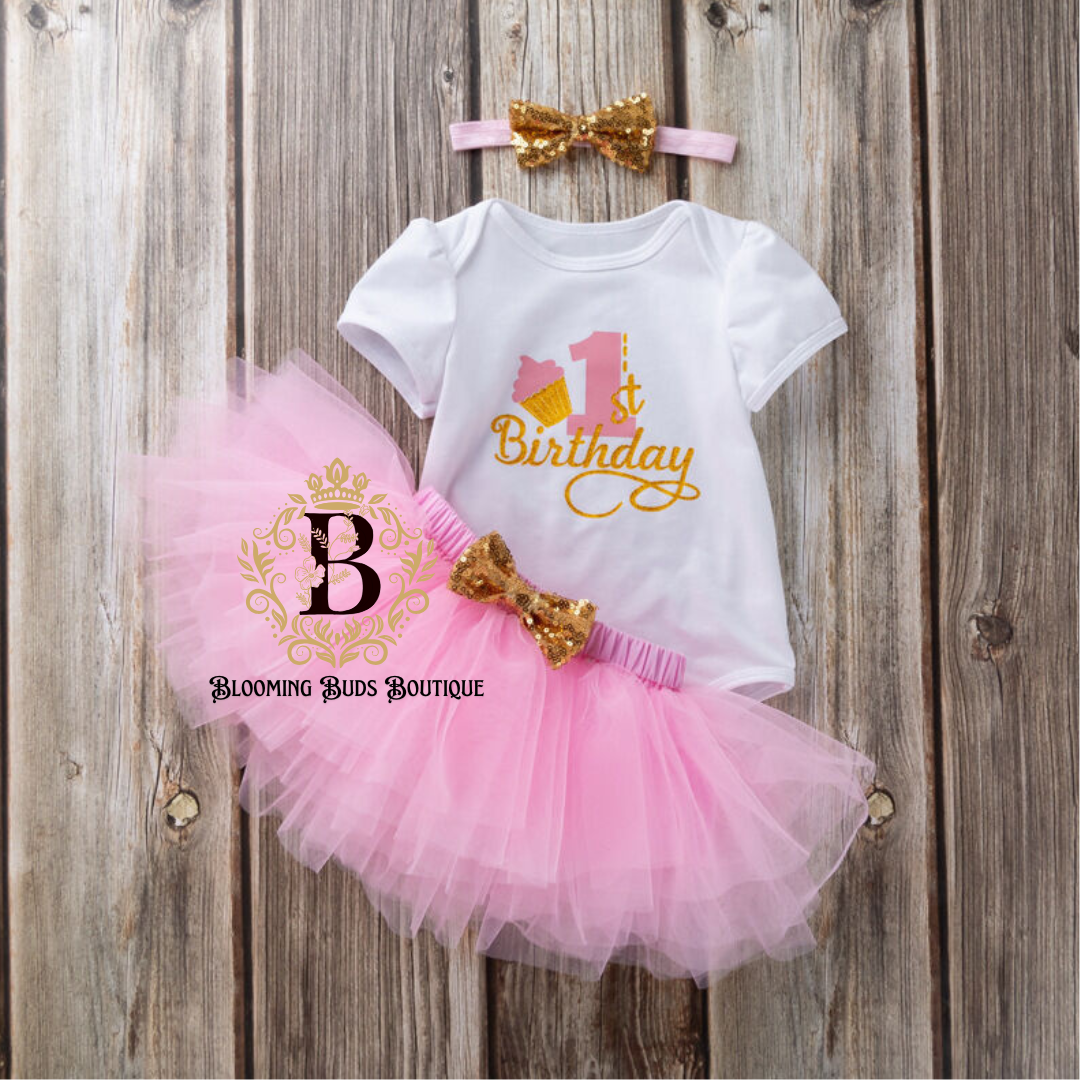 CUPCAKE 1ST BIRTHDAY BODYSUIT & MESH TUTU SKIRTS & HEADBAND