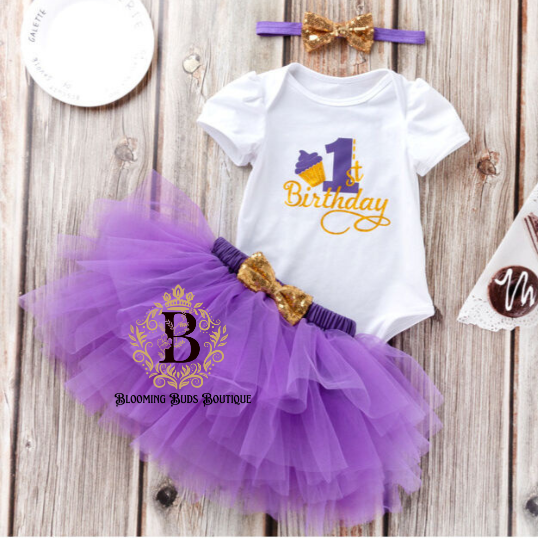 CUPCAKE 1ST BIRTHDAY BODYSUIT & MESH TUTU SKIRTS & HEADBAND