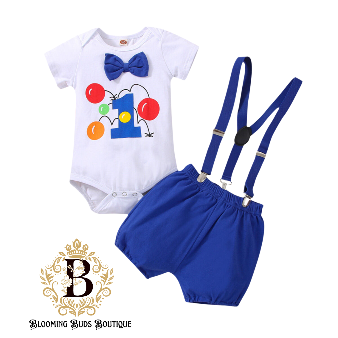 BABY BOY BALLOON BIRTHDAY SET- BOW BODYSUIT & SUSPENDER SHORTS