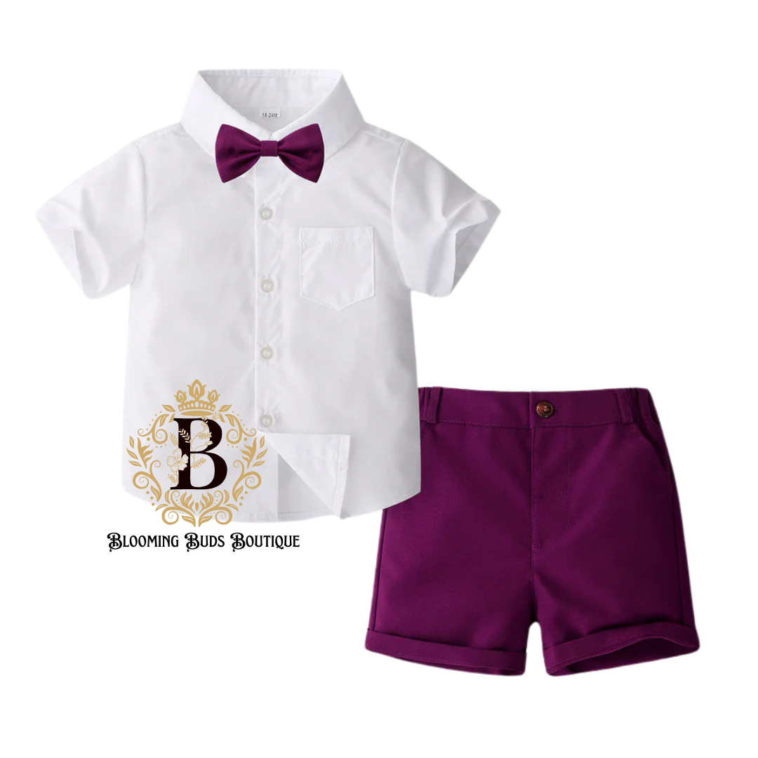 2Pc Boys Solid Color Bowtie Shirt And Shorts