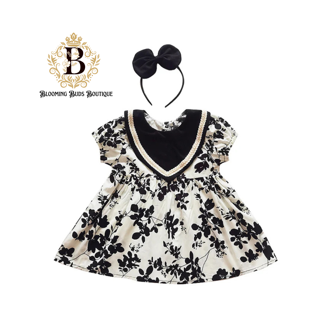 Girls Black & White Flower Print Romper/Dress
