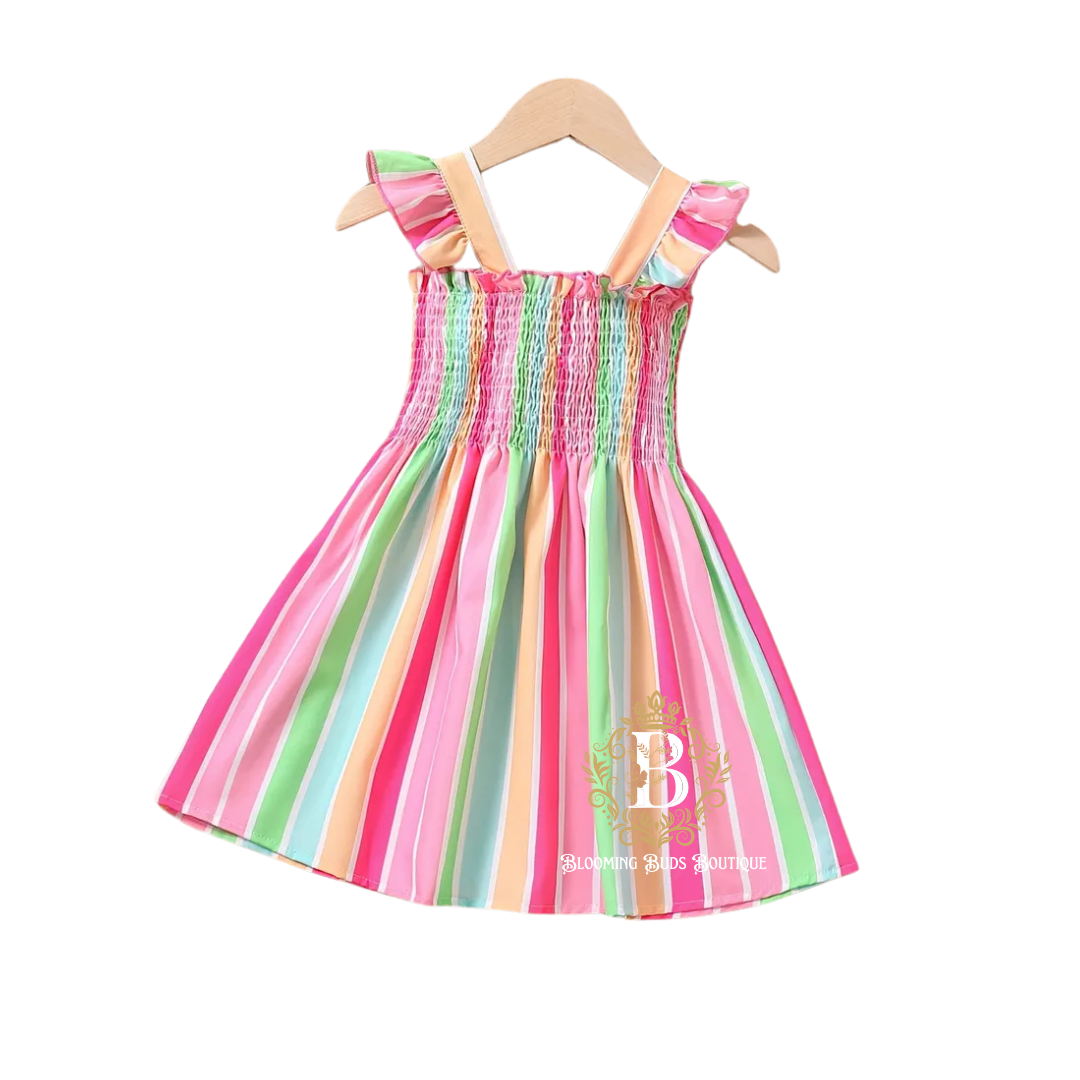 Girl's Ruffles Ruched Striped Dress