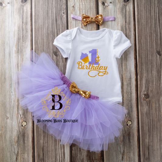 CUPCAKE 1ST BIRTHDAY BODYSUIT & MESH TUTU SKIRTS & HEADBAND