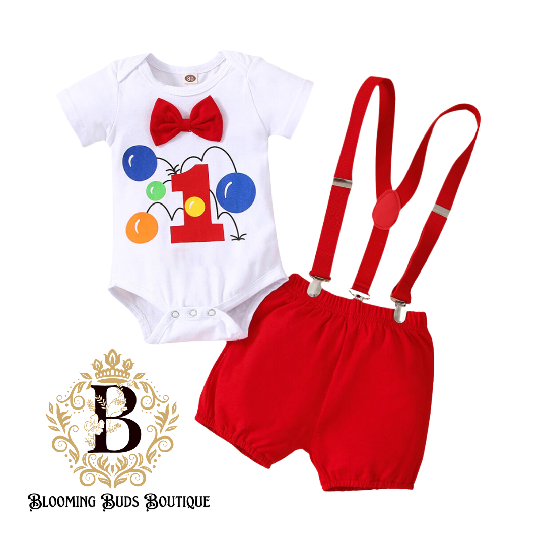 BABY BOY BALLOON BIRTHDAY SET- BOW BODYSUIT & SUSPENDER SHORTS