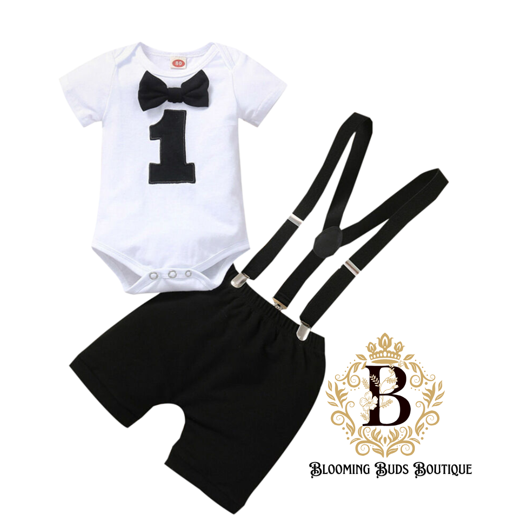 BABY BOY BIRTHDAY #1  BODYSUIT WITH SUSPENDER SHORT 2PC SET