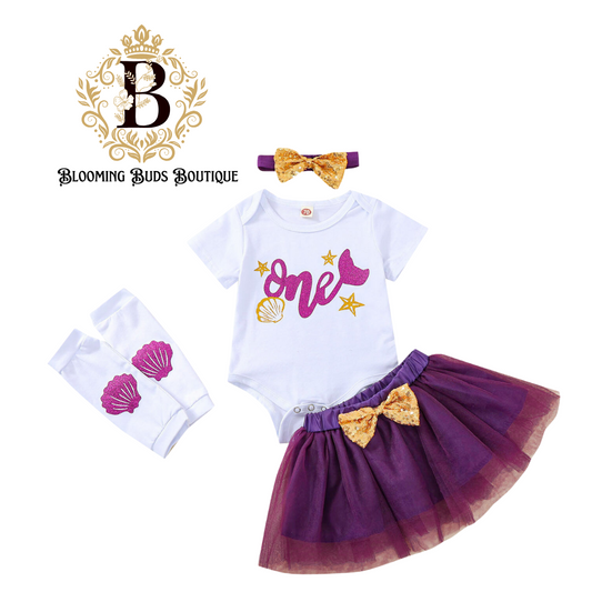 MERMAID BIRTHDAY GIRL 4PCS SHELL PRINT BODYSUIT, SKIRT, HEADBAND & LEG WARMERS