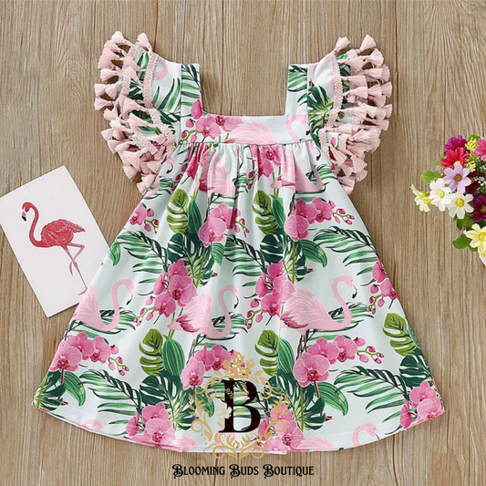 Baby Girls Tassel Sleeve Flamingo Floral Dress