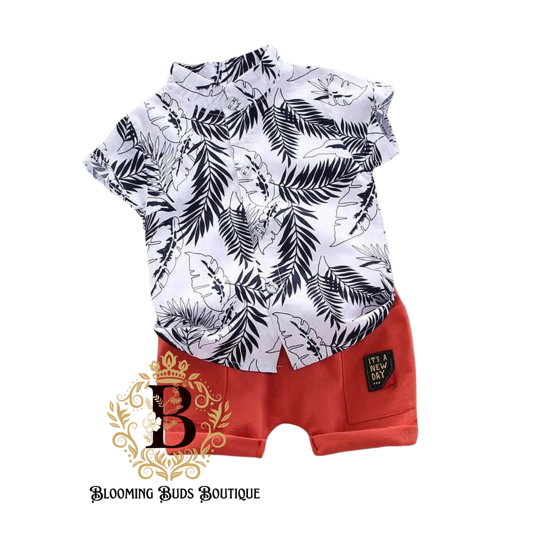 2pc Feather Pattern Shirt & Shorts