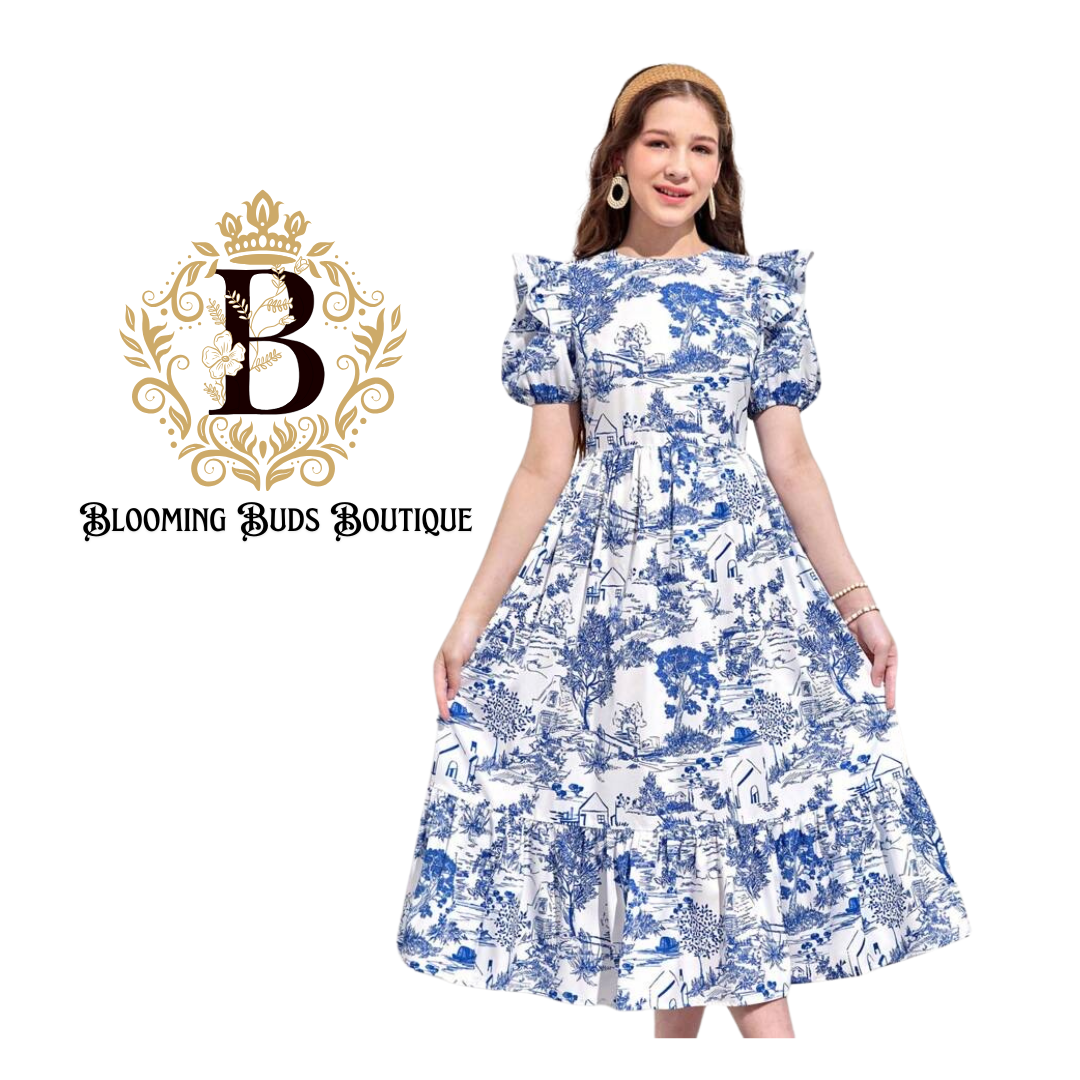 Teen Girls Bubble Sleeve Blue & White Printed Dress