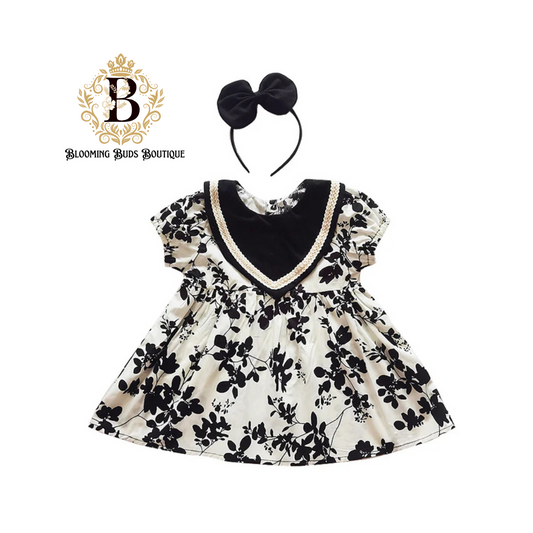 Girls Black & White  Flower Print Romper/Dress