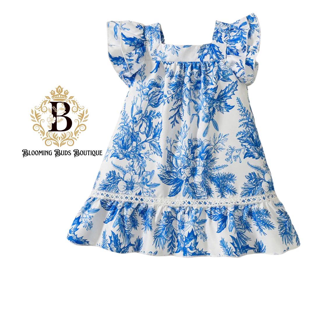 Girls Blue Flower Print Summer Dress