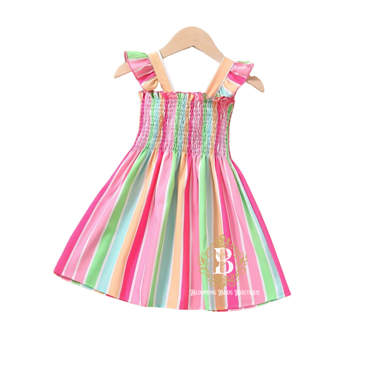 Girl's Ruffles Ruched Striped Dress